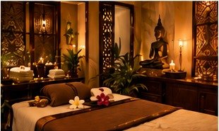 Luxury spa treatment room with warm ambience